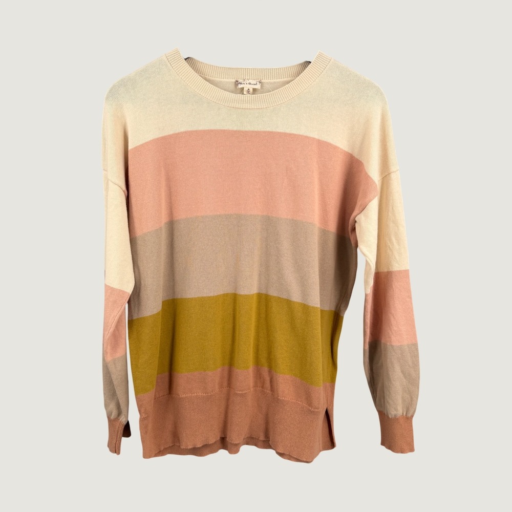 Hem & Thread Colorblock Cotton Sweater Size Medium Cream Blush Mustard Taupe